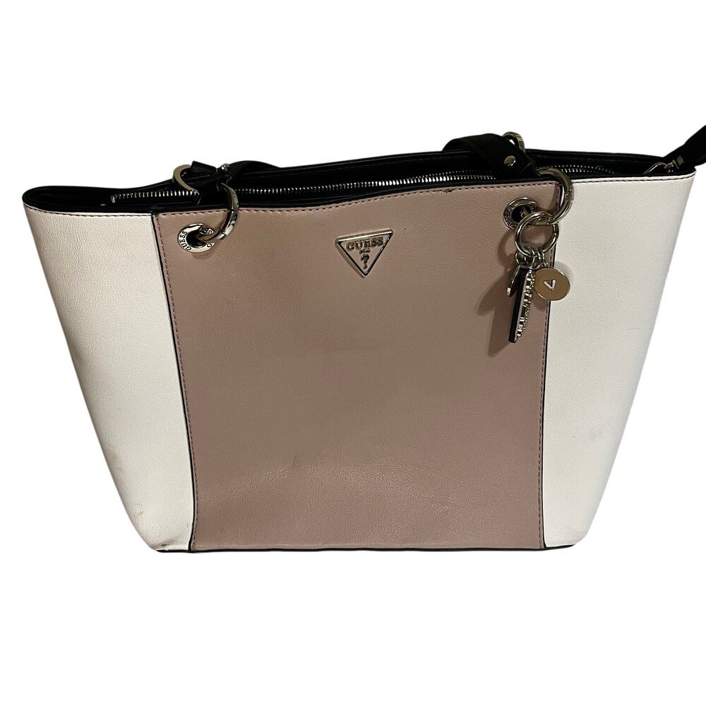 Guess Classic Y2K Beige & White tote with Black Straps and Charms. Travel, Work